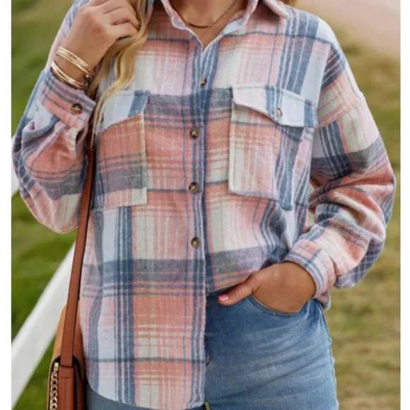 Pink plaid shirt overshirt jacket button up with pockets - Picture 2 of 14